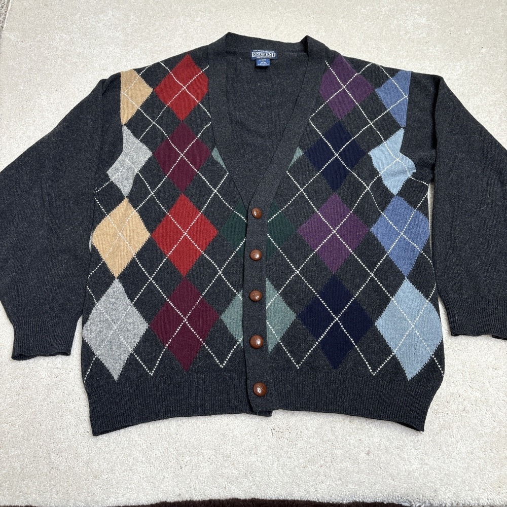 Vtg 80 90s Lands End 100% Lambswool Argyle Cardigan Ireland Mens Large Gray Read